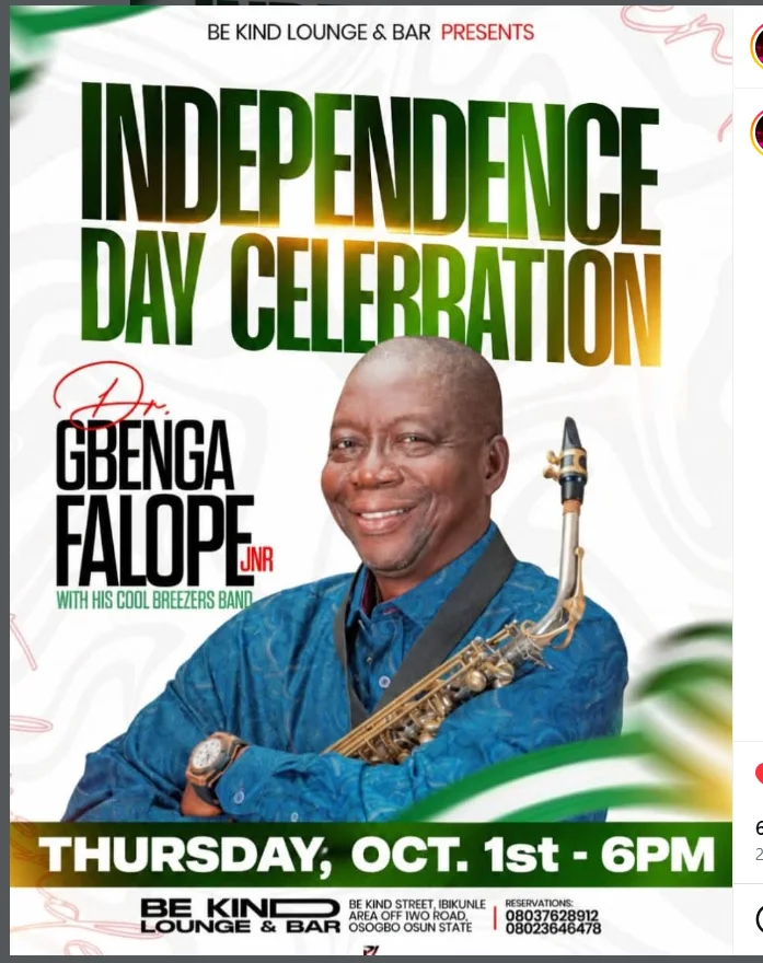Independence Day Celebration at Be Kind Lounge & Bar with Gbenga Falope Jnr & His Cool Breezers Band 